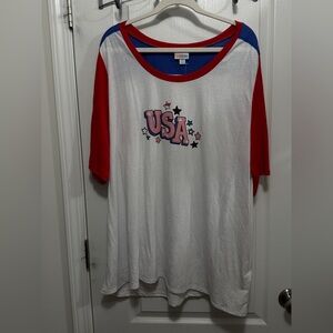 LuLaRoe Boyfriend Tee 2XL USA Americana Patriotic‎ Red White Blue Stars Stripes